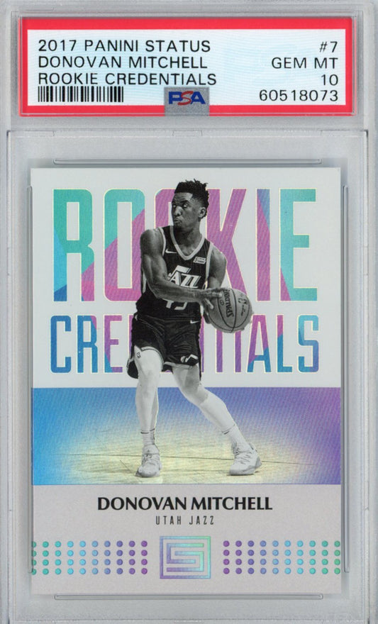 Graded 2017-18 Panini Status Donovan Mitchell #7 Rookie Credentials RC Basketball Card PSA 10 Gem Mint