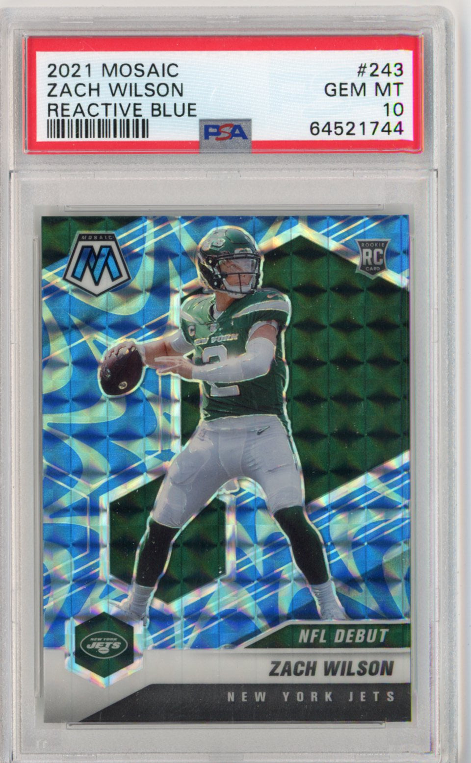 Graded 2021 Panini Mosaic Zach Wilson #243 Reactive Blue Rookie RC Football Card PSA 10 Gem Mint