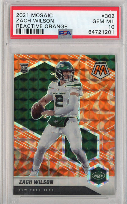 Graded 2021 Panini Mosaic Zach Wilson #302 Reactive Orange Rookie RC Football Card PSA 10 Gem Mint