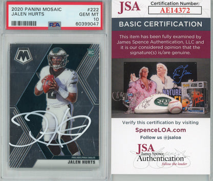 Graded 2020 Panini Mosaic Jalen Hurts #222 AUTO Rookie RC Football Card PSA 10 JSA COA