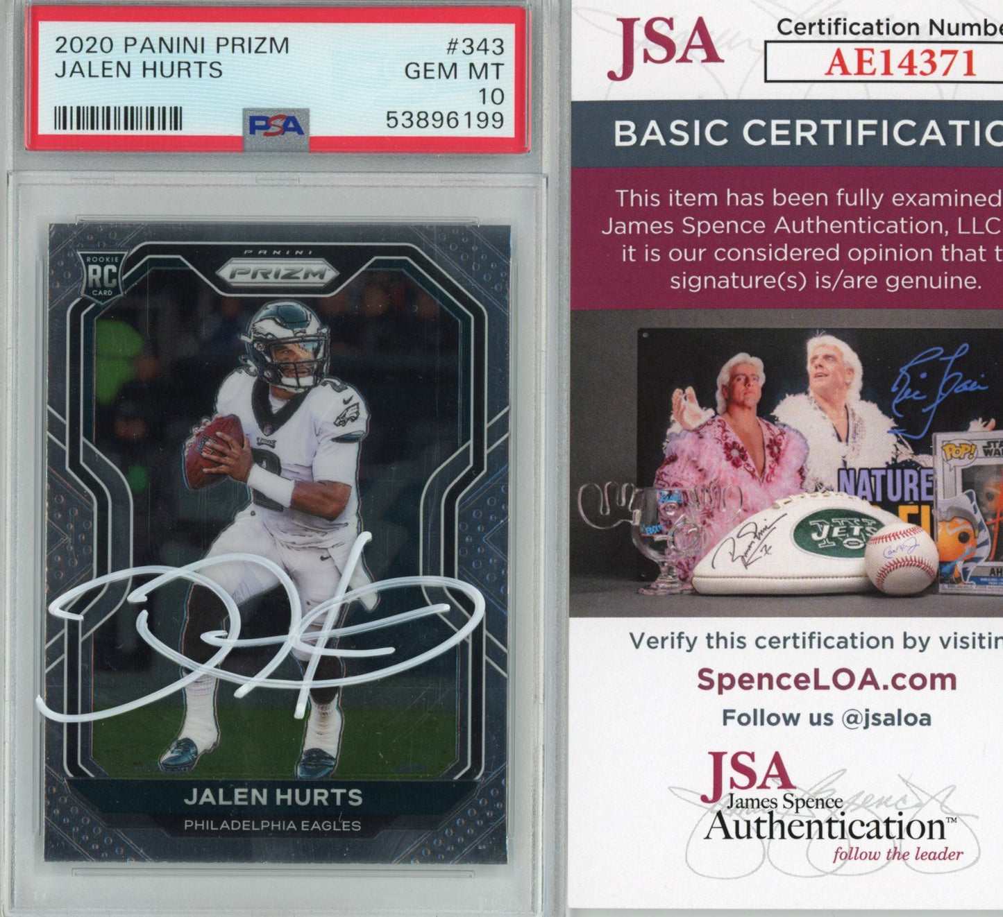 Graded 2020 Panini Prizm Jalen Hurts #343 AUTO Rookie RC Football Card PSA 10 JSA COA