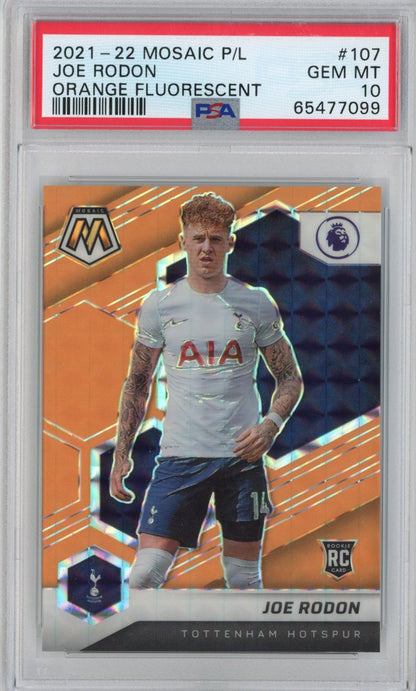 Graded 2021-22 Panini Mosaic Premier League Joe Rodon #107 Orange Fluorescent Rookie RC Soccer Card PSA 10 Gem Mint