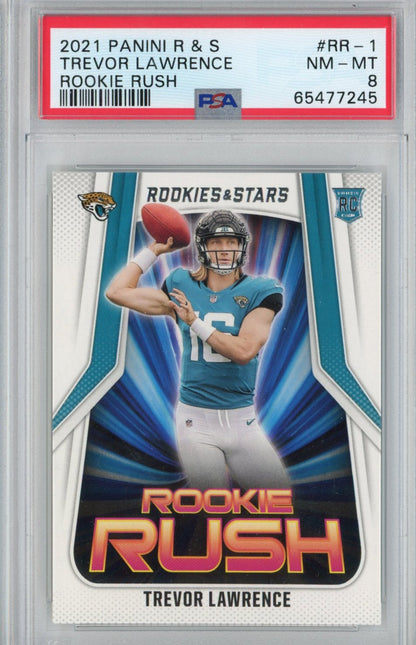 Graded 2021 Panini Rookies & Stars Trevor Lawrence #RR-1 Rookie Rush RC Football Card PSA 8 Near Mint
