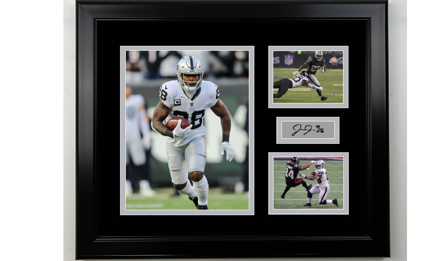 Framed Josh Jacobs Las Vegas Raiders Facsimile Laser Engraved Signature Football 14x11 3 Photo Collage