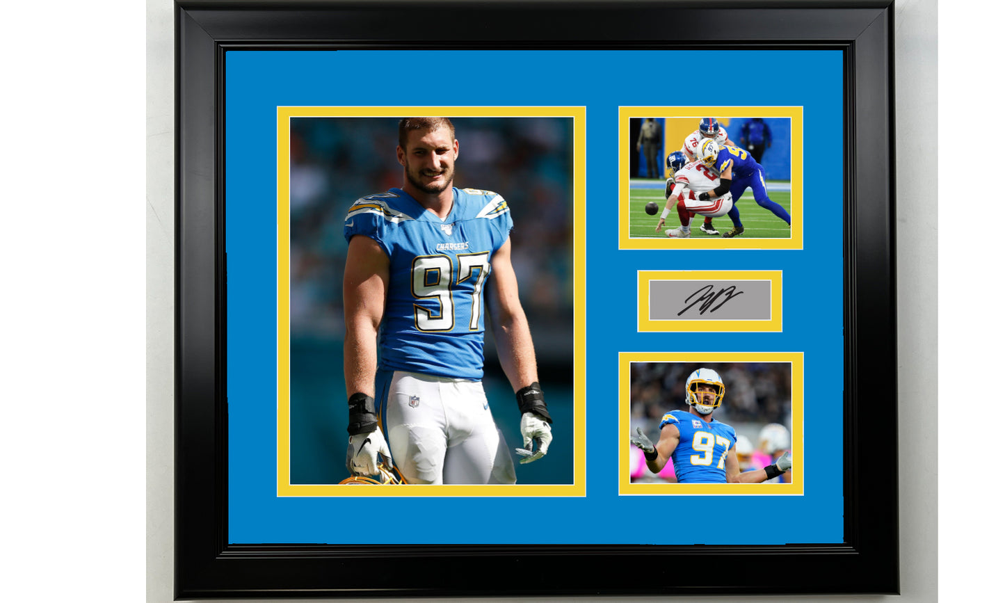 Framed Joey Bosa Los Angeles Chargers Facsimile Laser Engraved Signature Football 14x11 3 Photo Collage