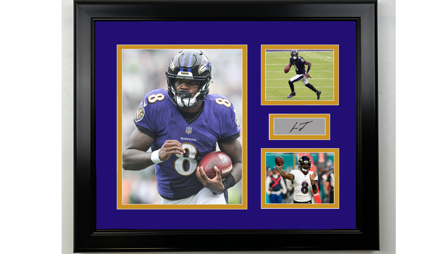 Framed Lamar Jackson Baltimore Ravens Facsimile Laser Engraved Signature Football 14x11 3 Photo Collage