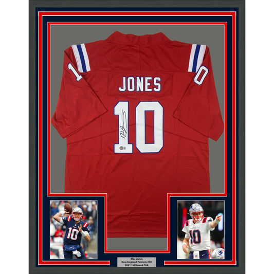 Framed Autographed/Signed Mac Jones 35x39 New England Red Football Jersey Beckett BAS COA