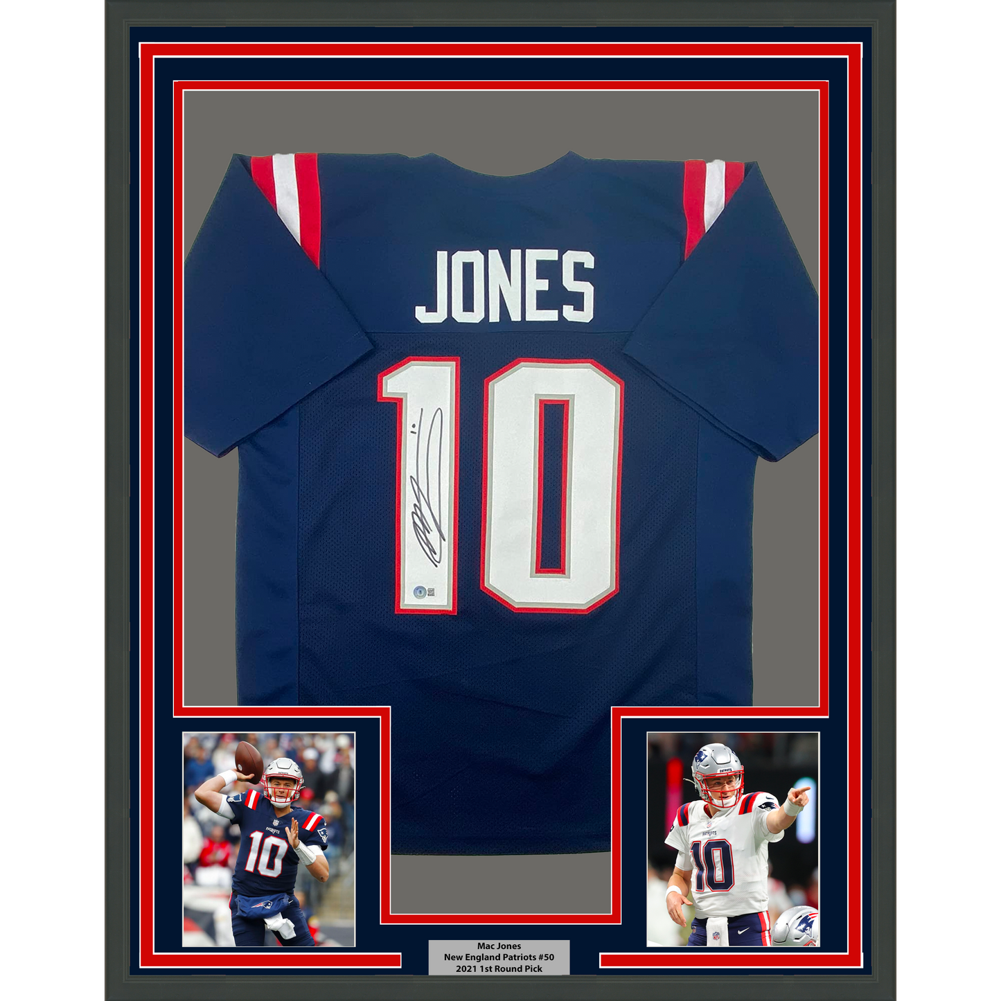 Framed Autographed/Signed Mac Jones 35x39 New England Blue Football Jersey Beckett BAS COA