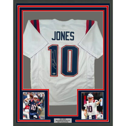 Framed Autographed/Signed Mac Jones 35x39 New England White Football Jersey Beckett BAS COA