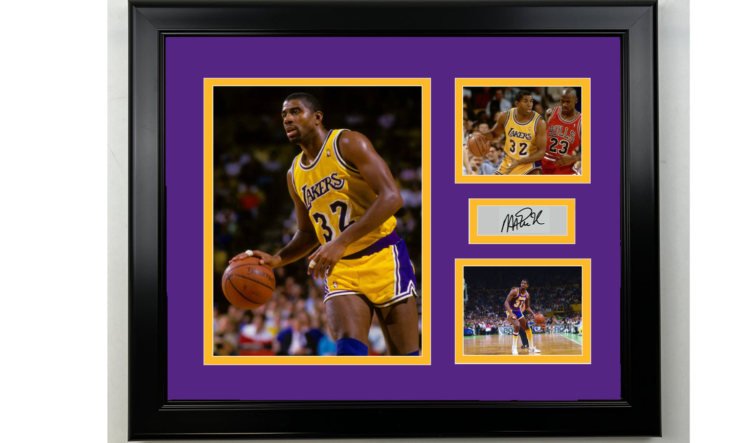 Framed Magic Johnson Los Angeles Lakers Facsimile Laser Engraved Signature Basketball 14x11 3 Photo Collage