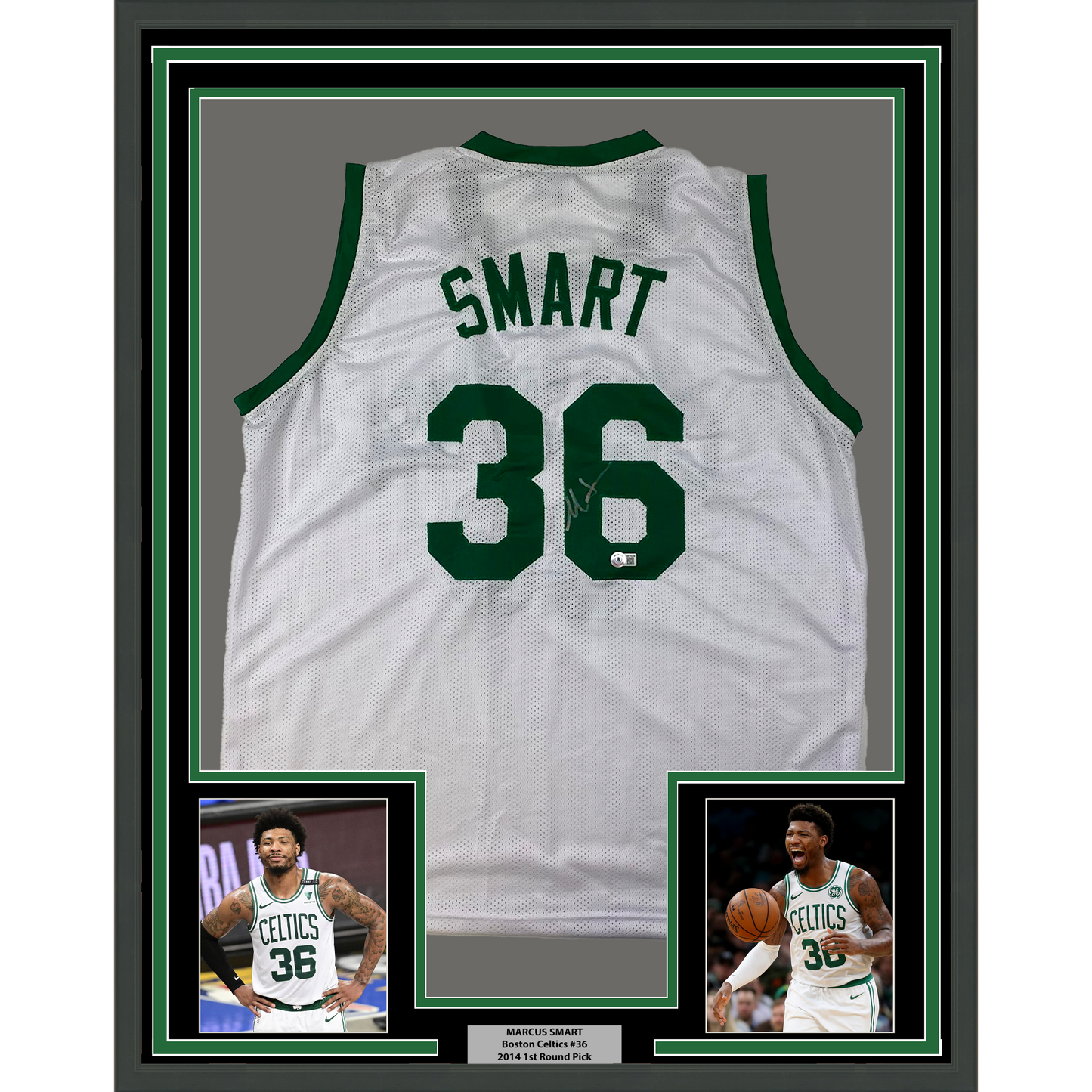 Framed Autographed/Signed Marcus Smart 35x39 Boston White Basketball Jersey Beckett BAS COA