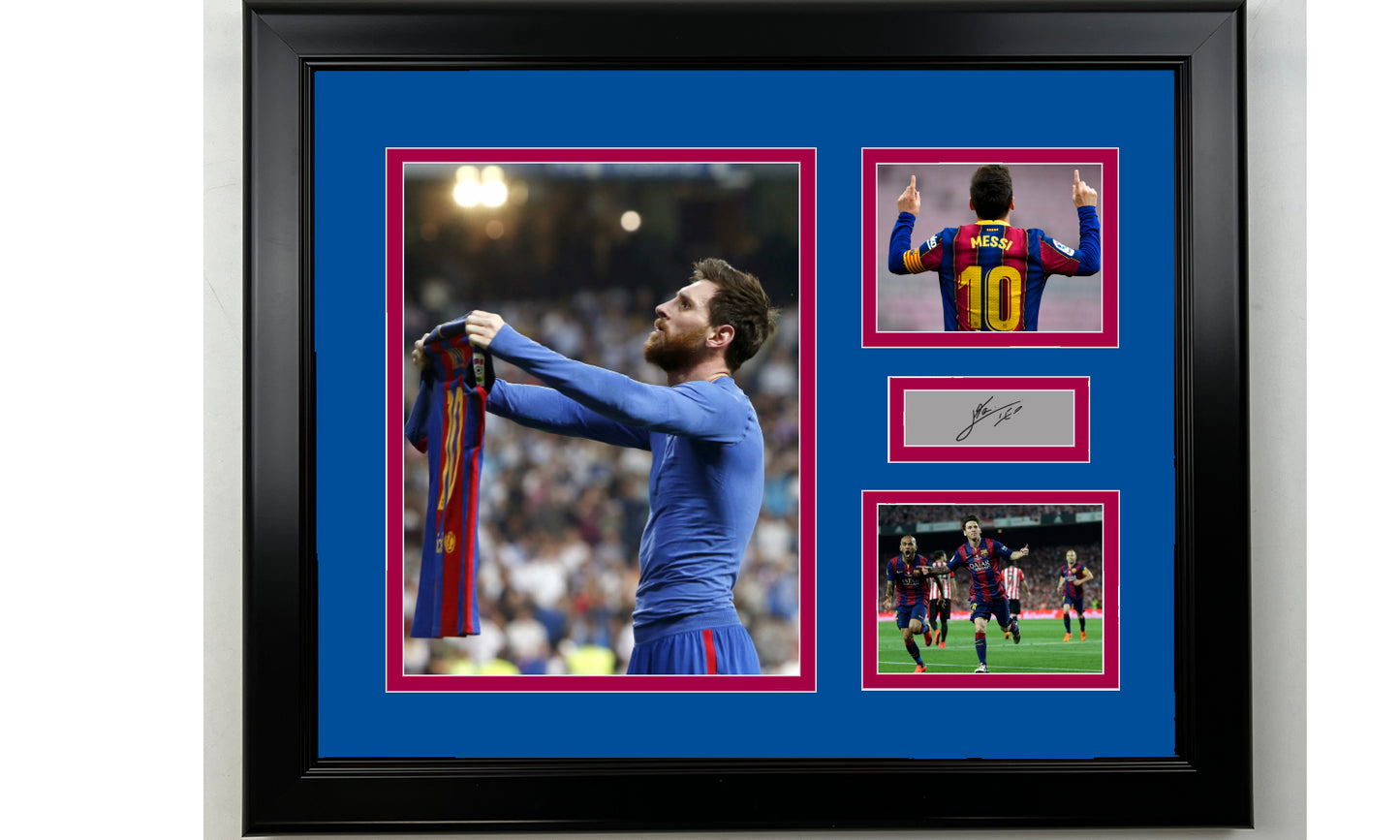 Framed Lionel Messi FC Barcelona Facsimile Laser Engraved Signature 14x11 3 Photo Collage