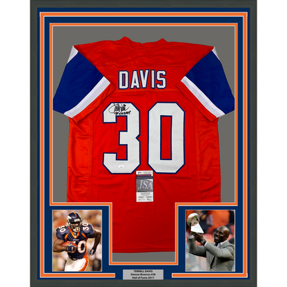 Framed Autographed/Signed Terrell Davis 35x39 SB XXXII MVP Denver Retro Orange Football Jersey JSA COA