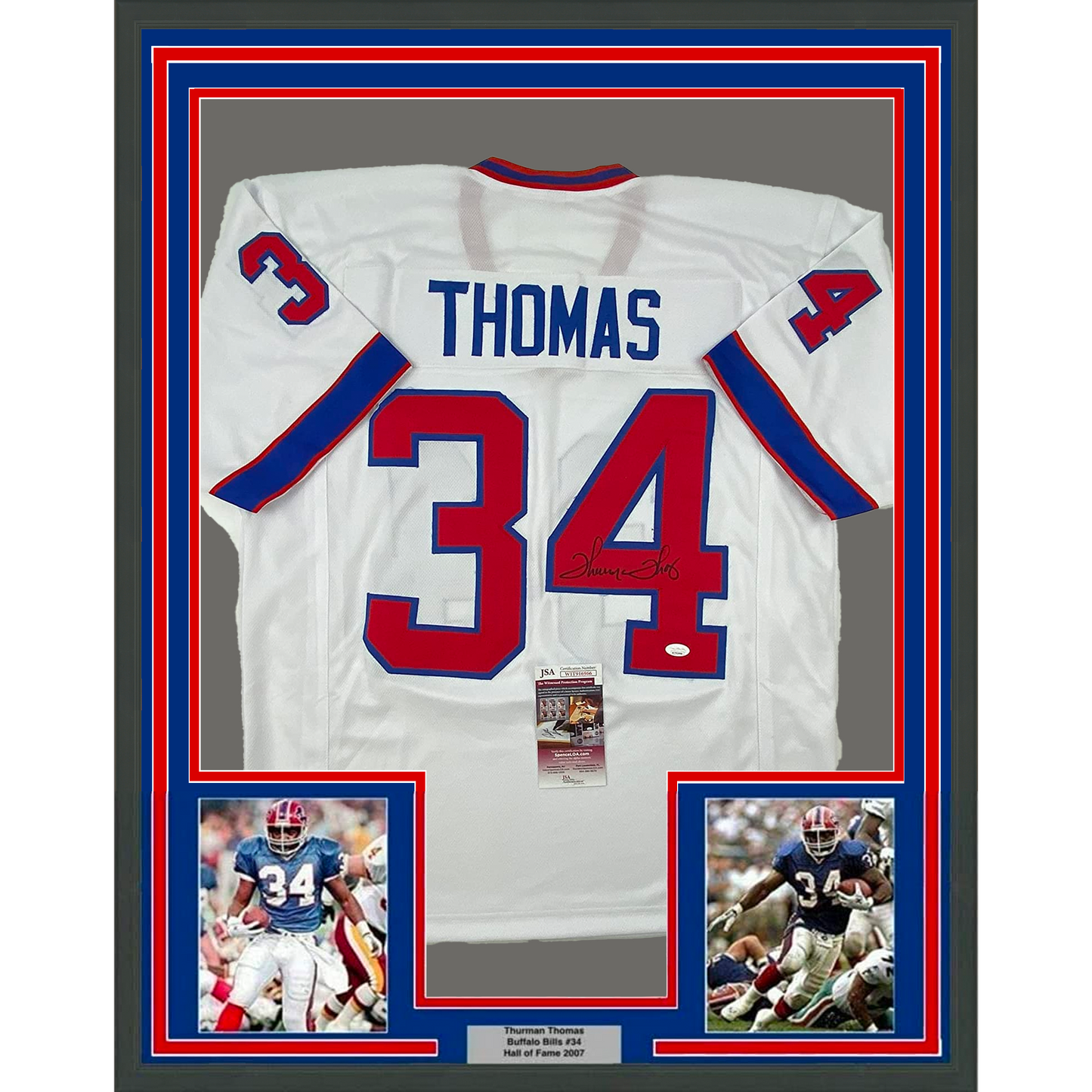 Framed Autographed/Signed Thurman Thomas 35x39 Buffalo White Alternate Football Jersey JSA COA