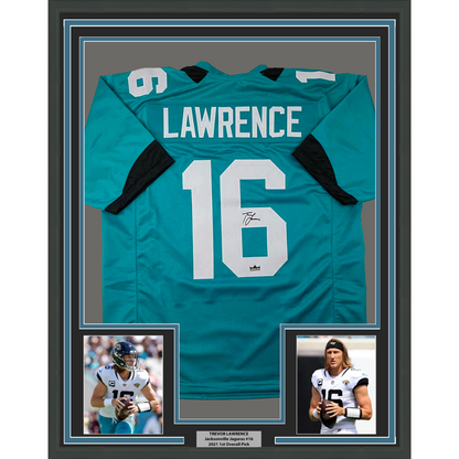 Framed Facsimile Autographed Trevor Lawrence 35x39 Jacksonville Teal Reprint Laser Auto Football Jersey