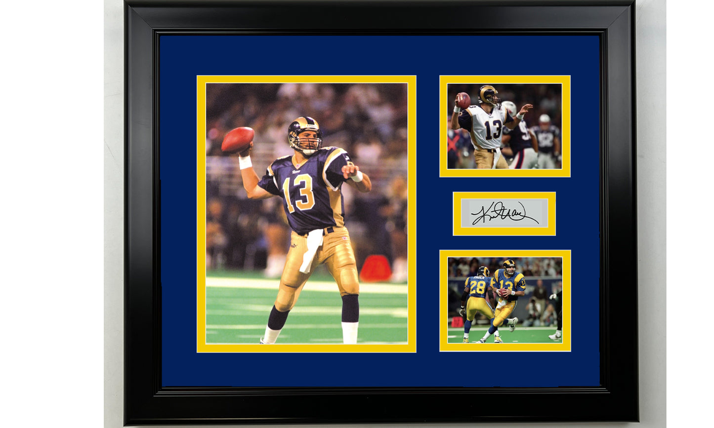 Framed Kurt Warner St. Louis Rams Facsimile Laser Engraved Signature Football 14x11 3 Photo Collage